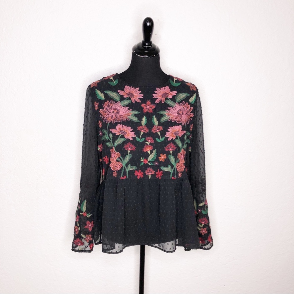 American Eagle black swiss dot pink red floral embroider sheer overlay top Large